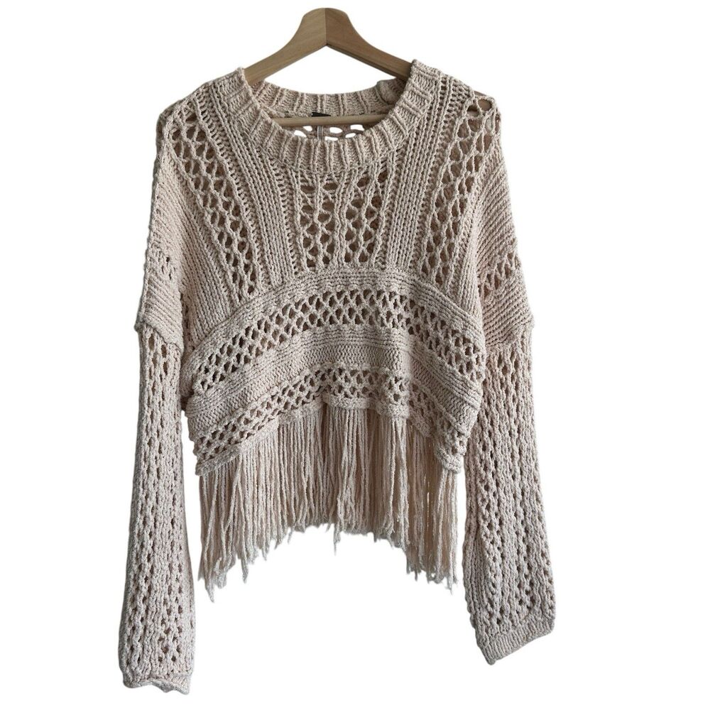 Free People Higher Love Sweater M Crochet Knit Fringe Boho Hippie - Picture 2 of 10